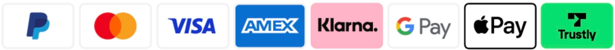 Zahlungsarten: PayPal, Mastercard, Visa, AMEX, Klarna, Google Pay, Apple Pay, Trustly