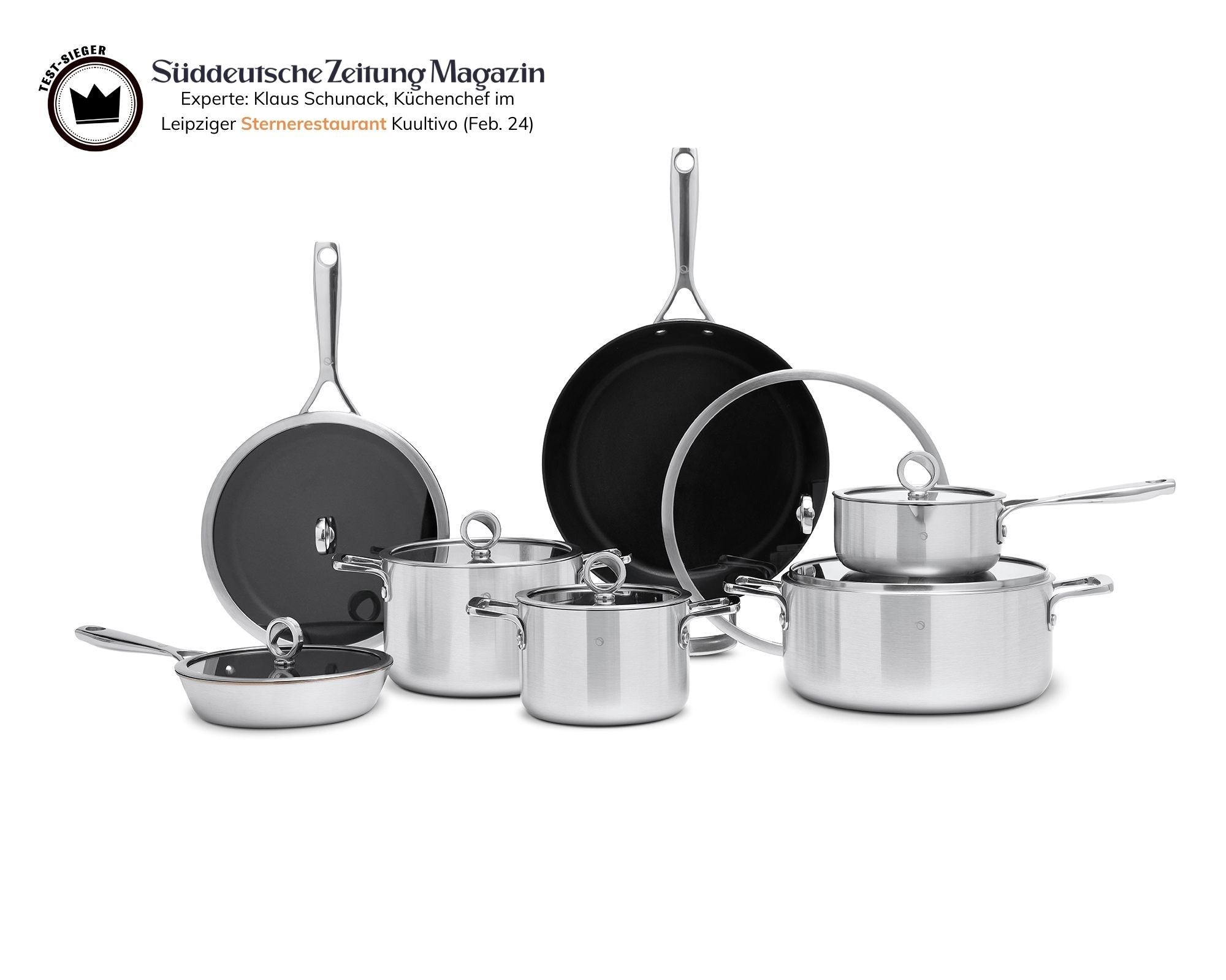 Olavson Kupferkern-Kochgeschirrset: Pfannen 20, 26, 30 cm, Saucier und Töpfe 16, 20, 26 cm