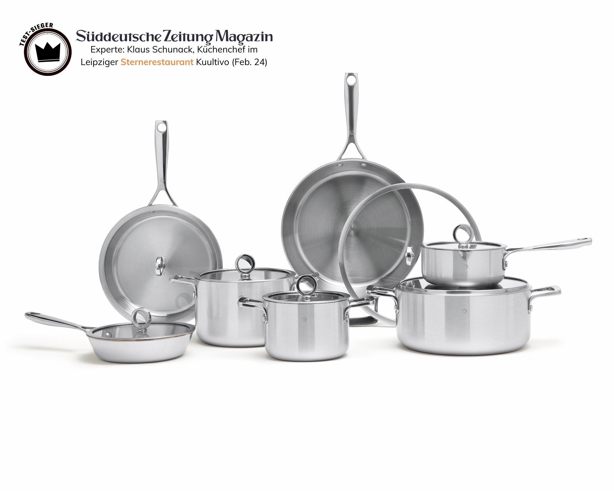 Kupferkern Kochgeschirrset unbeschichtet, Pfannen 20 + 26 + 30 cm mit Töpfen und Saucier