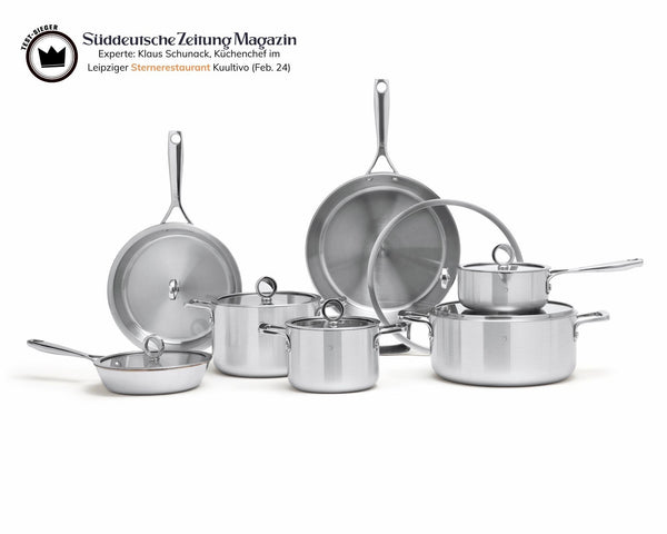 Kupferkern Kochgeschirrset unbeschichtet, Pfannen 20 + 26 + 30 cm mit Töpfen und Saucier