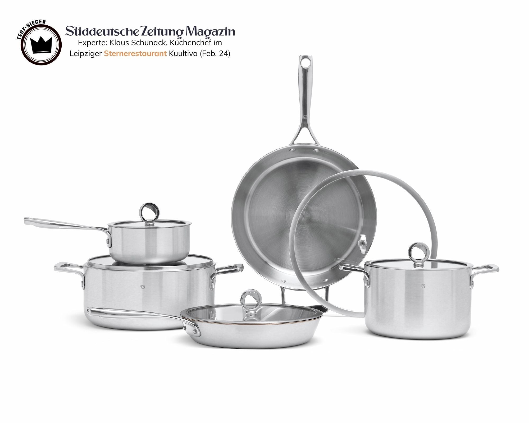 Kupferkern Kochgeschirrset unbeschichtet, Pfannen 26 + 30 cm mit Töpfen und Saucier