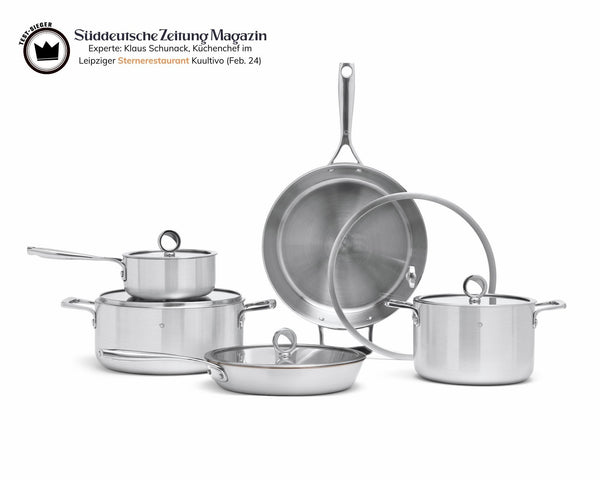Kupferkern Kochgeschirrset unbeschichtet, Pfannen 26 + 30 cm mit Töpfen und Saucier