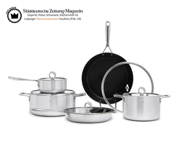 Kupferkern Kochgeschirrset beschichtet, Pfannen 26 + 30 cm mit Töpfen und Saucier